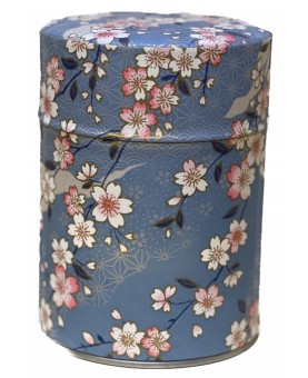 Boîte à thé en papier Japonais- Fond bleu Fleurs rouges blanches- double couvercle en métal